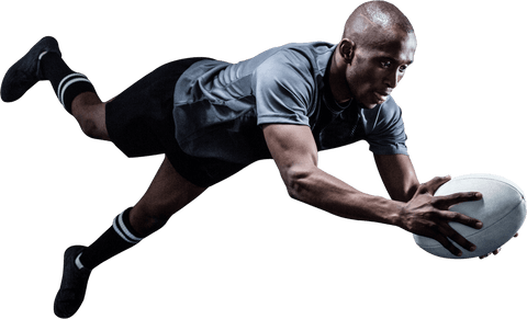 African american rugby player stretching for ball transparent