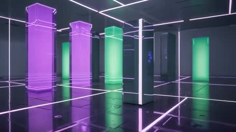 Futuristic Pulsing Violet and Green Pillars in Tech Chamber