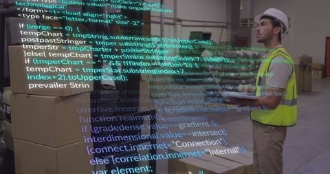 Warehouse Worker Using Digital Tablet with Code Overlaying