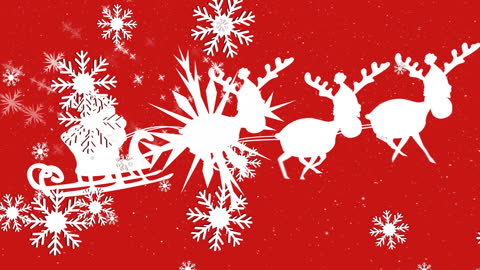 Festive Christmas Animation: Silhouette of Santa's Sleigh on Snowy Red Background