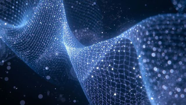 Rippling luminous blue mesh forming wavy folds in deep navy 3d space neon wireframe with glowing nod