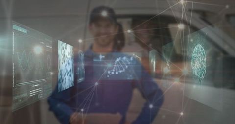 Technician analyzing holographic data with advanced technology