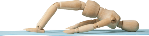 this depicts a wooden figurine exercising on a mat in a yoga pose against a transparent background. useful for illustrating fitness, wellness, stretching routines, or yoga positions in articles, websites, or brochures promoting physical health and exercise flexibility.