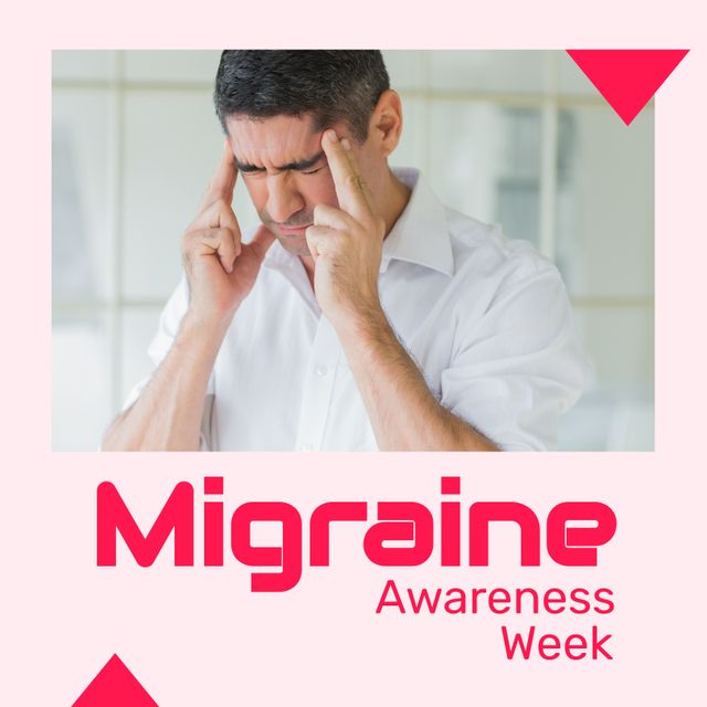 Migraine Awareness Week Promotion with Distressed Caucasian Man Holding Temples - Download Free Stock Templates Pikwizard.com