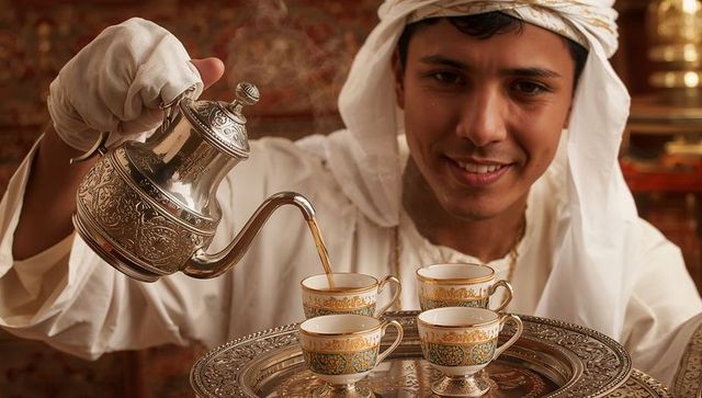 Pouring arabic coffee from ornate dallah into gilded porcelain cups on engraved silver tray