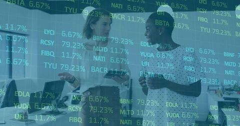 Colleagues Discussing Stocks in High-Tech Office Environment