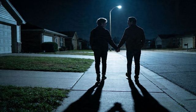 Couple walking hand in hand under streetlight in quiet suburban night, long shadows