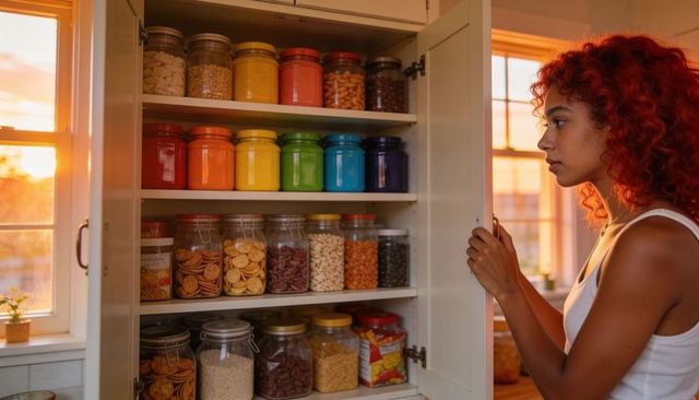 Latina woman checking rainbow pantry jars at sunset kitchen window, organized canisters