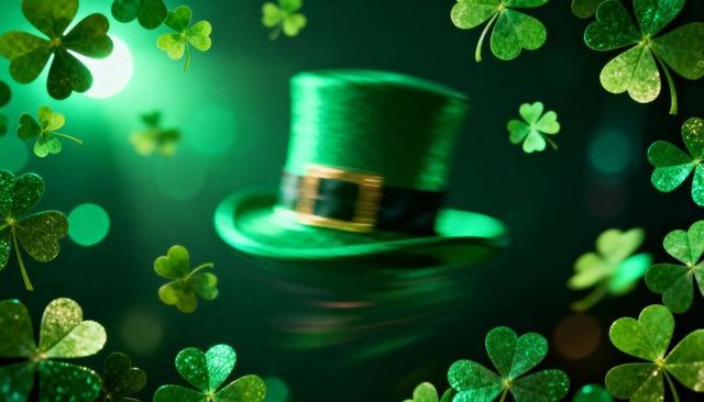 Spinning leprechaun top hat with gold buckle surrounded by glittering shamrocks and emerald bokeh