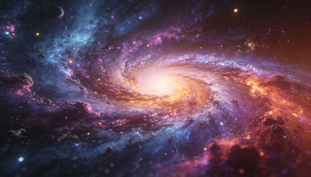 Spiral galaxy whirlpool rotating with radiant core, colorful nebula clouds and starfields
