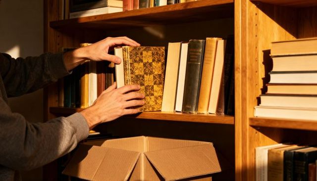 Hands placing ornate hardcover book on wooden bookshelf with open moving box warm light