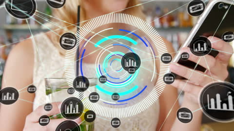 Woman Engaging with Smartphone and Digital Connections Overlap