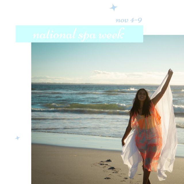 Composition of national spa week text over biracial woman at beach. National spa week and celebration concept digitally generated image.