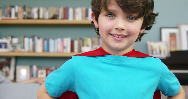 Young boy wearing a blue shirt and red cape standing in front of bookshelves in his home. He is smiling confidently, embodying the spirit of childhood imagination and fun. Great for themes related to childhood, creativity, Halloween, home life, and innocence.