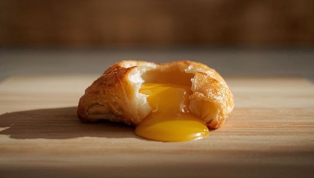 Runny egg yolk oozing from flaky golden pastry on wooden cutting board breakfast closeup