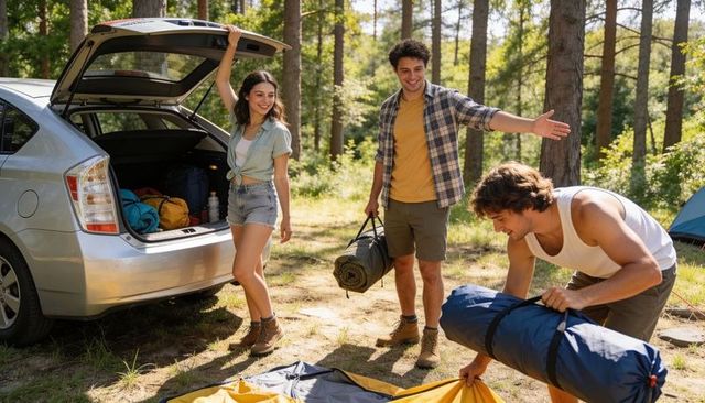Friends unpacking hatchback and pitching tent during summer forest camping trip