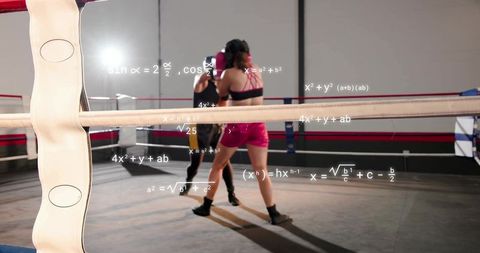Female boxers sparring in ring with formulas overlay conveying strategy and focus