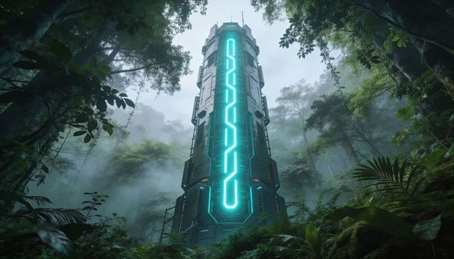 Futuristic neon monolith rising through misty jungle canopy with cyan energy core