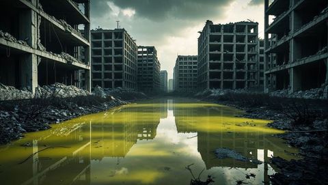 Apocalyptic urban decay with dilapidated buildings and polluted canal