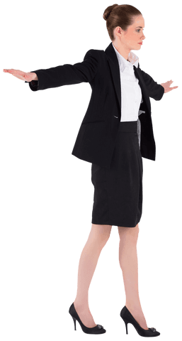 Businesswoman balancing in formal attire on transparent background
