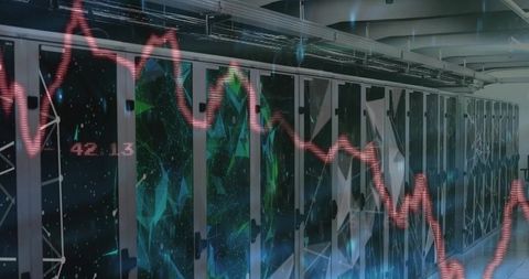 Declining Financial Graph Overlaying High-Tech Server Rack Row in Futuristic Data Center