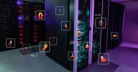 Eco Icons Projected on Modern Data Center Exterior - Download Free Stock Images Pikwizard.com