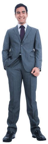 Smiling Biracial Businessman Wearing Pinstripe Suit on Transparent Background