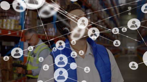 Warehouse Worker Connected Through Global Digital Network