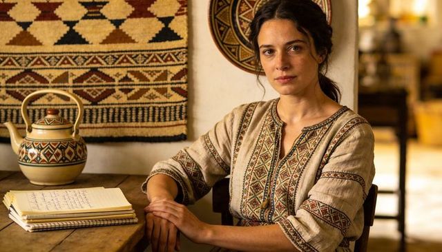 Woman writing in embroidered blouse at rustic wooden table with tapestry and ceramic teapot