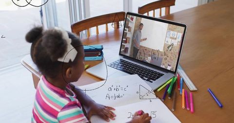 Young girl learning math via online tutoring on laptop at home study table with worksheets
