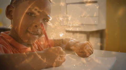 Young Student in Classroom with Floating Alphabets and Conceptual Imagery