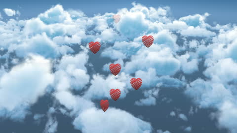 Red Hearts Floating in Blue Cloudy Sky
