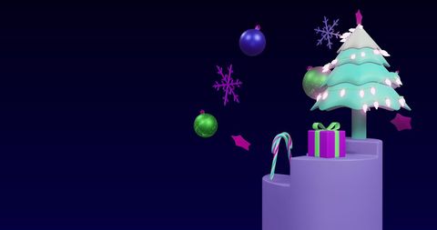 Futuristic Christmas Scene with Spinning Tree and Ornaments