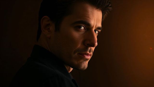 Moody male portrait looking over shoulder with dramatic chiaroscuro rim lighting