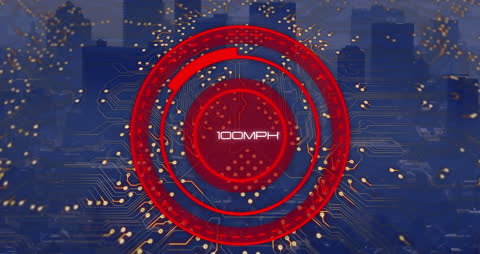 Futuristic Speedometer Scanner with Digital Metropolis Background