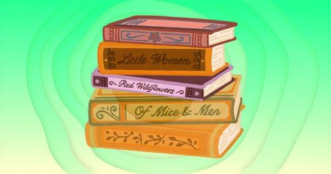 Decorative vintage book stack with illustrative spines