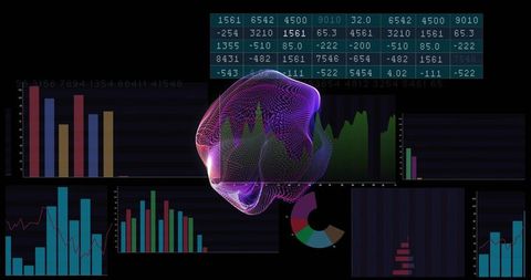 Neon 3D Wireframe Mesh Floating Over Dark Analytics Dashboard With Charts and Data Interface
