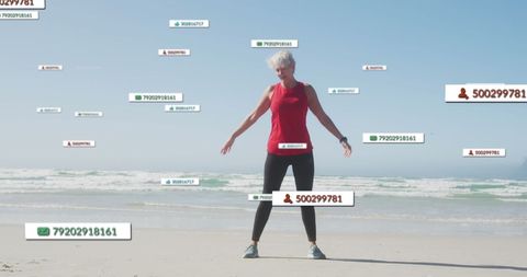 Woman Exercising on Beach Amid Social Media Notifications Concept
