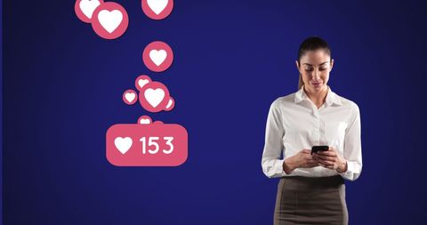 Woman Engaging with Social Media on Smartphone with Floating Heart Icons - Download Free Stock Images Pikwizard.com