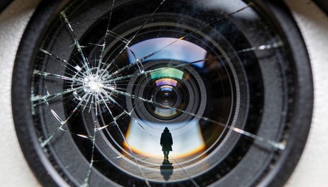 Shattered lens revealing solitary figure walking toward sunset light with radial cracks