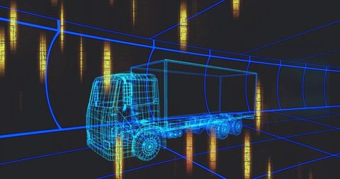 Futuristic wireframe truck navigating neon blue cyber tunnel