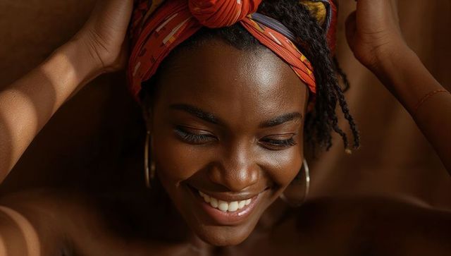 Smiling black woman adjusting patterned orange headwrap with hoop earrings, warm studio portrait
