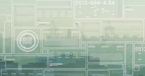 Translucent HUD Overlaying Industrial Waterfront Skyline with Circular Gauge Analytics