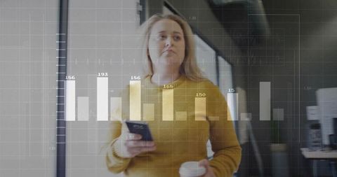 Woman in Office Analyzing Data on Smartphone with Coffee