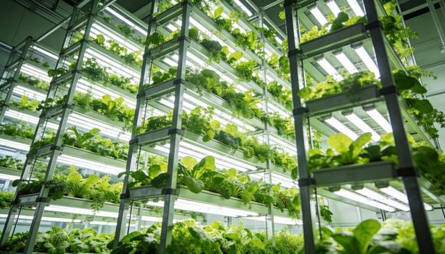 Vertical indoor farm showcasing stacked led-lit hydroponic racks growing leafy greens