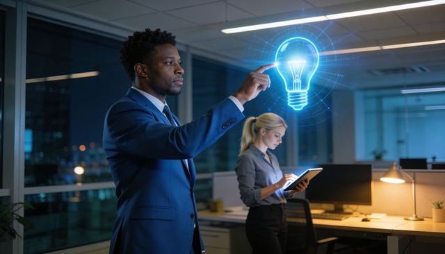 Businessman touching holographic light bulb, colleague using tablet in modern nighttime office