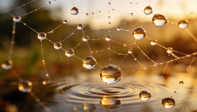 Dew-Laden Spider Web Holding Glowing Droplets Above Garden Pool at Sunrise