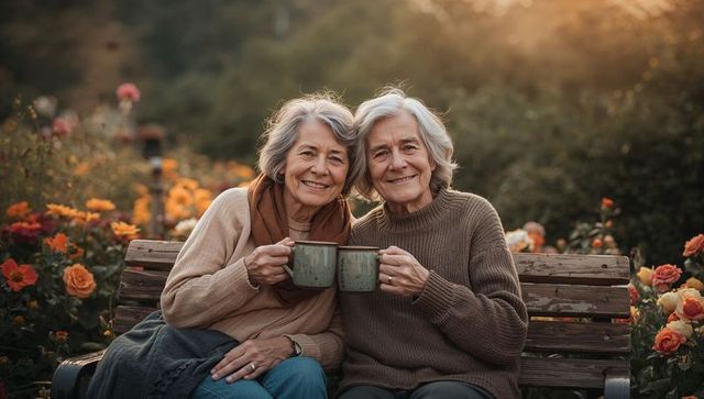 Senior women sharing tea on wooden bench among blooming roses during golden hour