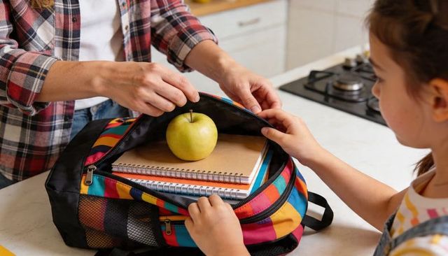 Parent zipping colorful backpack while child reaching for apple on kitchen counter