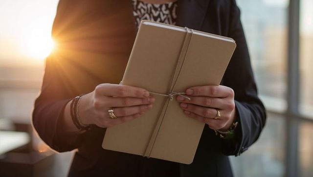 Businesswoman holding kraft notebook tied with twine in sunlit corporate office